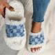 Women's Slippers Fuzzy Slippers Fluffy Slippers Warm Slippers Work Daily Check Winter Flat Heel Round Toe Elegant Punk Canvas Denim Loafer White / Blue Blue