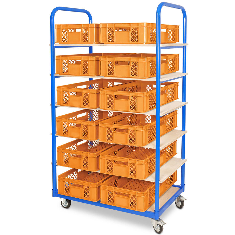 BRB Etagenwagen mit 6 Ebenen, BxTxH 1050x500x1690 mm, 2 Lenk- (mit Feststellbremse) u. 2 Bockrollen mit 12 Euroboxen BxTxH 600x400x150 mm Image