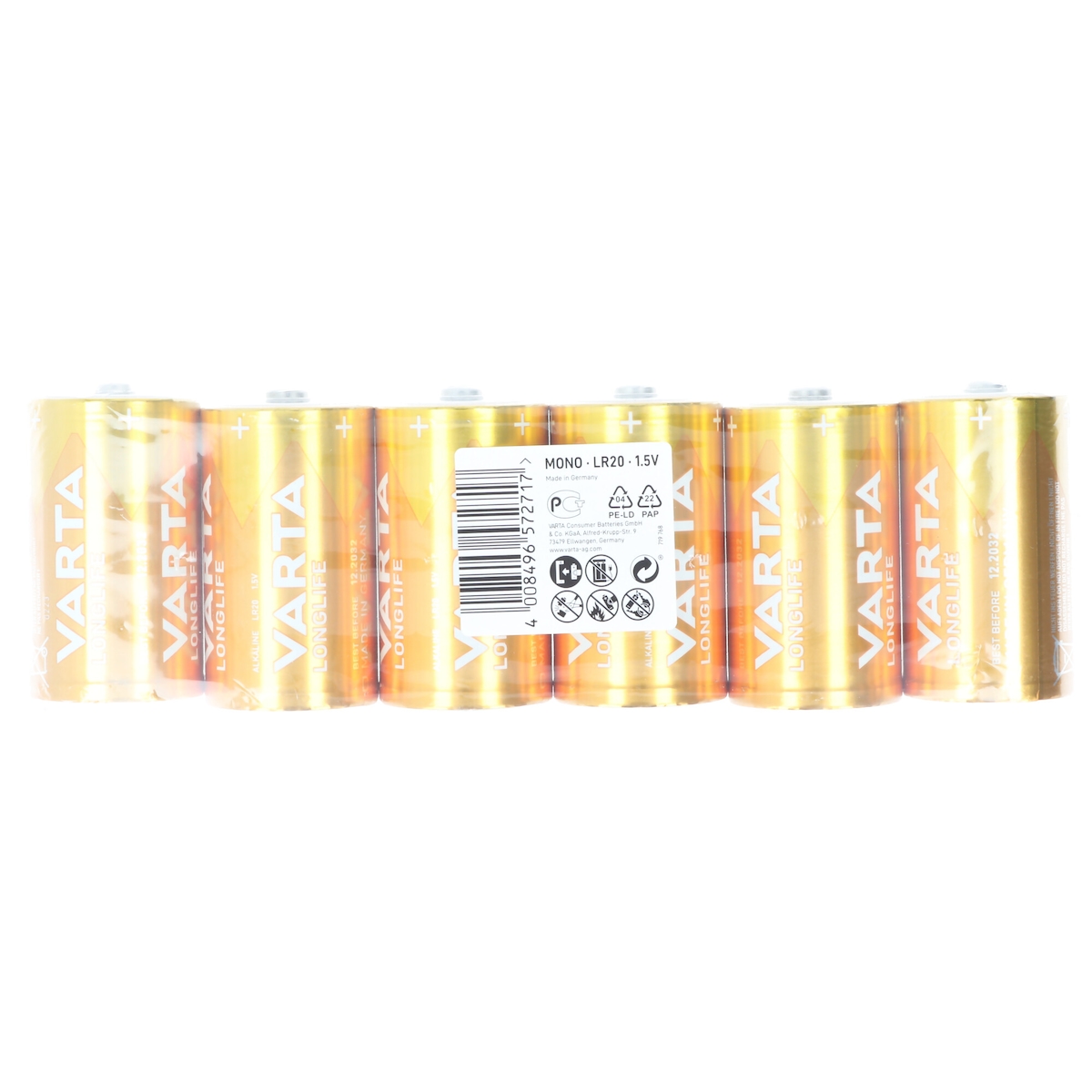 Varta Batterie Alkaline, Mono, D, LR20, 1.5V Longlife, Folienverpackung (6-Pack) Image
