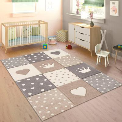 Kinderteppich PACO HOME "Cosmo 339", beige, B:140cm H:16mm L:200cm, Polypropylen, Teppiche, Kurzflor, Pastell-Farben, 3D-Effekt, Motiv Herz, Punkte & Krone Image