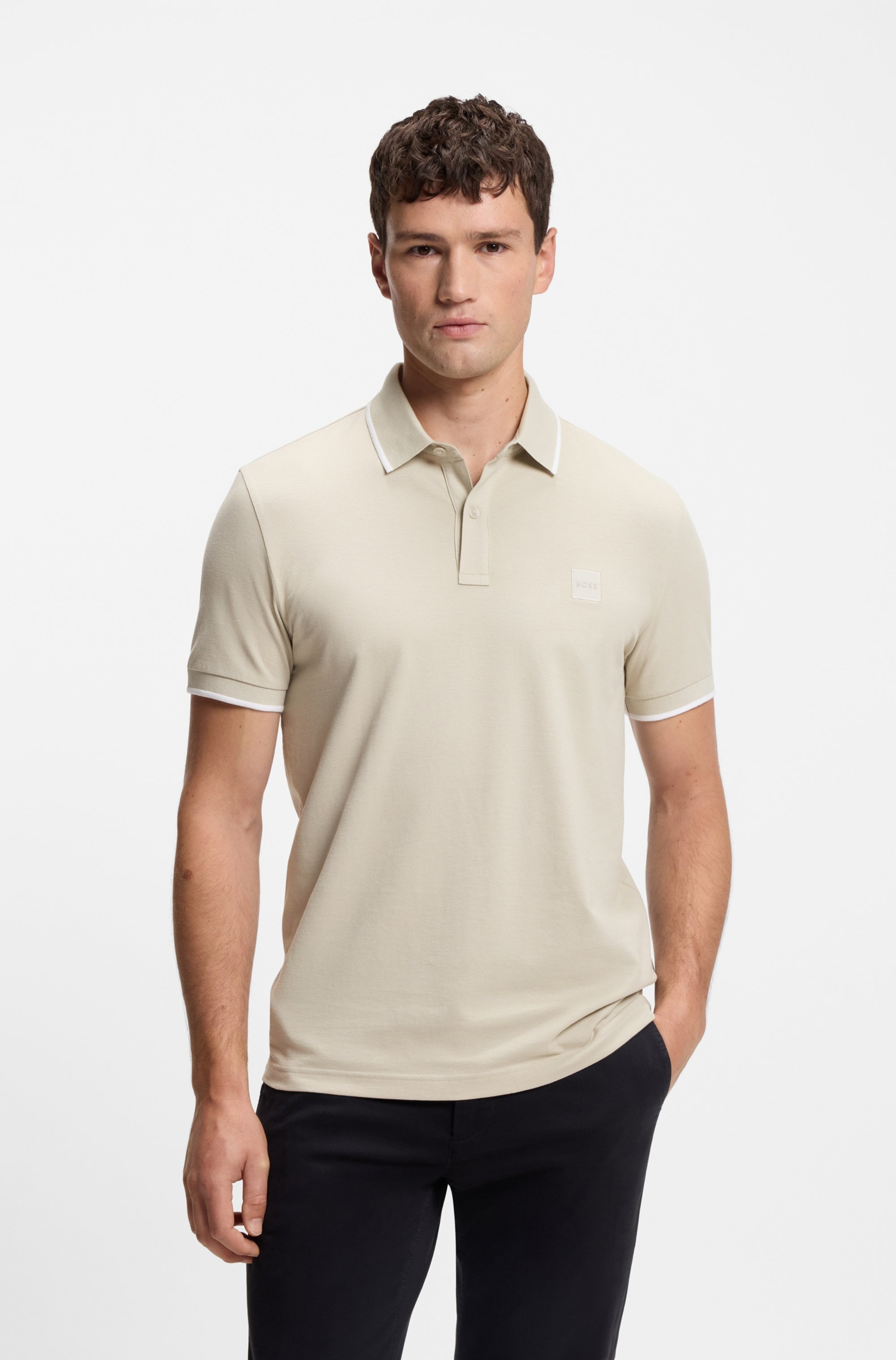 Poloshirt BOSS ORANGE "Passertip", Herren, Gr. XXL, beige (light beige271), Piqué, Obermaterial: 95% Baumwolle, 5% Elasthan, unifarben, slim fit hüftbedeckend, V-Ausschnitt, eingesetzt Bündchen, Shirts, mit BOSS Logo-Badge