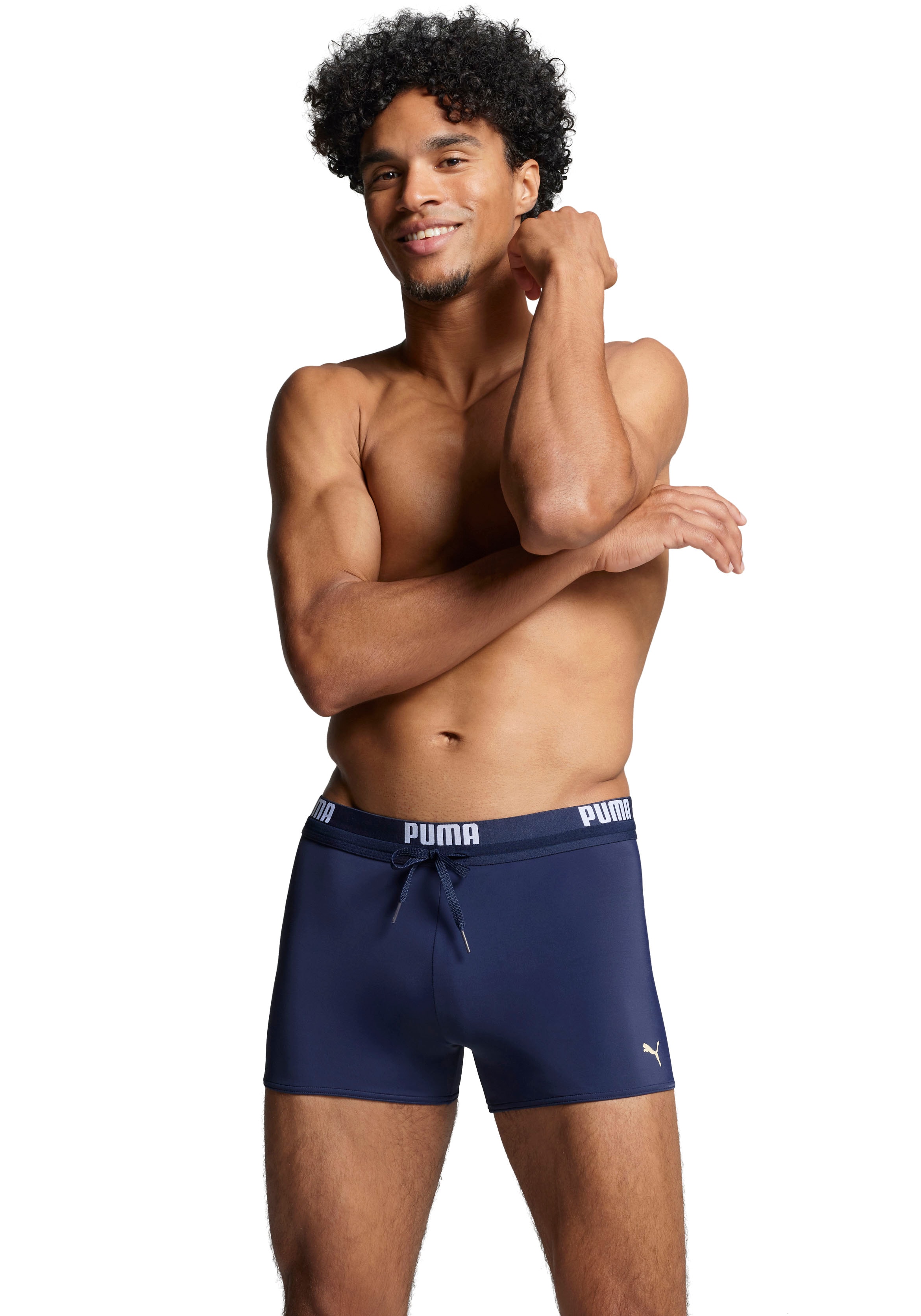 Badepants PUMA "PUMA SWIM MEN LOGO SWIM TRUNK", Herren, Gr. L, N-Gr, blau (navy), Web, Obermaterial: 80% Polyester, 20% Elasthan, unifarben, Badehosen, elastischer Logobund mit integriertem Kordelzug Image