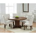 Helmsley 150cm Dark Solid Oak Round Pedestal Dining Table with 8 Cream Francois Fabric Dark Oak Leg Chairs