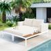 Modern Outdoor Daybed Patio Metal Daybed with Wood Topped Side Spaces for Drinks, 2 in 1 Padded Chaise Lounges, Beige