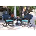 3Pc Black Rocker Wicker Chair Set With Sky Blue Cushion- Jeco Wholesale W00207R-D_2-RCES027