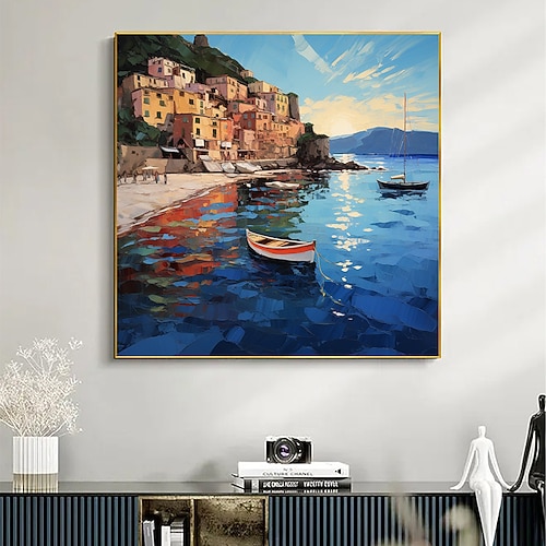 Mittelmeer-Ölgemälde auf Leinwand, handgemalt, große mediterrane Wandkunst, abstrakte Meereslandschaft, Kunstgemälde, blaues Ozean-Dekor, Gemälde, individuelles Gemälde für Wohnzimmer, Heimdekoration Image