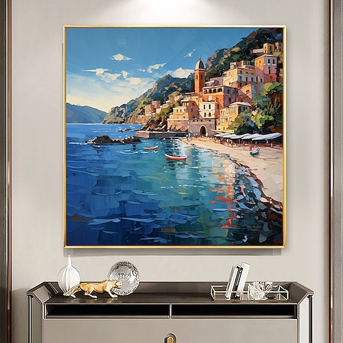 Mittelmeer-Ölgemälde auf Leinwand, handgemalt, große mediterrane Wandkunst, abstrakte Meereslandschaft, Kunstgemälde, blaues Ozean-Dekor, Gemälde, individuelles Gemälde für Wohnzimmer, Heimdekoration Image