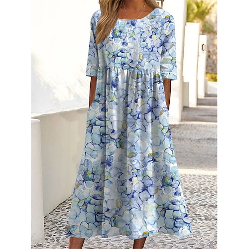 Maxikleid für Damen mit Blumendruck, kurze Ärmel, Rundhalsausschnitt, hellblau, lässig, elegant, Frühling, Sommer, Gartenparty, Strandmode, große Kleidung Image