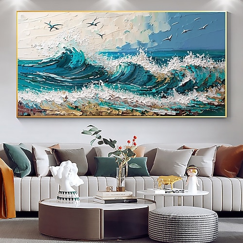 abstraktes weißes Wellenölgemälde auf Leinwand, handgemaltes blaues Ozeangemälde, großes Wandkunstgemälde für Wohnzimmer, Heimdekoration, individuell strukturiertes Meereslandschaftsgemälde Image