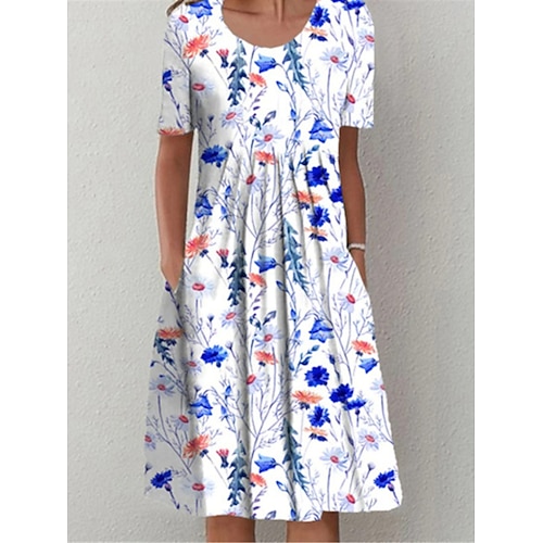 Damen Midikleid Casual kleid Sommerkleid Strassenmode Urlaub Strasse Festtage Lockere Passform Blumen Kurzarm Rundhalsausschnitt Weiß Königliches Blau Blau Leicht Blau Sommer Image