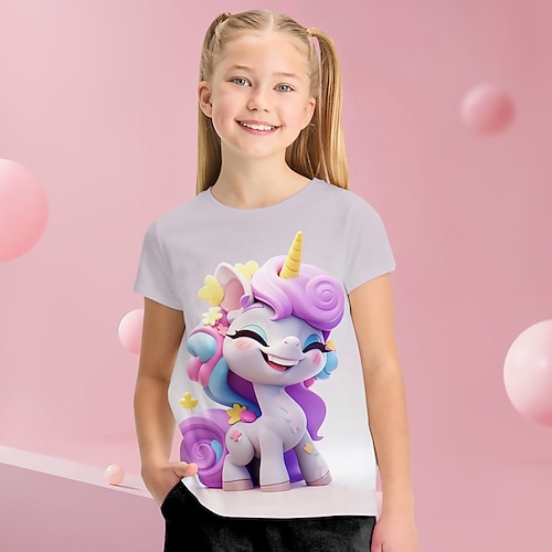 Mädchen 3D Graphic Karikatur Einhorn T-Shirt Kurzarm 3D-Druck Sommer Frühling Aktiv Modisch Kuschelig Polyester kinderkleidung 3-12 Jahre Outdoor Casual Täglich Regular Fit Image