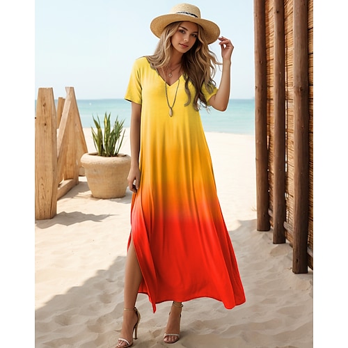 Abito Maxi Donna Abito Casual Abito Estivo Abito Shift Abito Tropicale Spalla Cadente Vacanza Vestibilità Larga Ombre Arco Iris Gradiente di Colore Manica Corta V Collo Blu Viola Chiaro Arancione