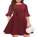 Girls Bell Sleeve Dresses Belt Formal Fit Knee High Modest Big Kids Midi Cap Shoulder Teen Dresses for Girls