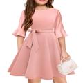 Girls Bell Sleeve Dresses Belt Formal Fit Knee High Modest Big Kids Midi Cap Shoulder Teen Dresses for Girls