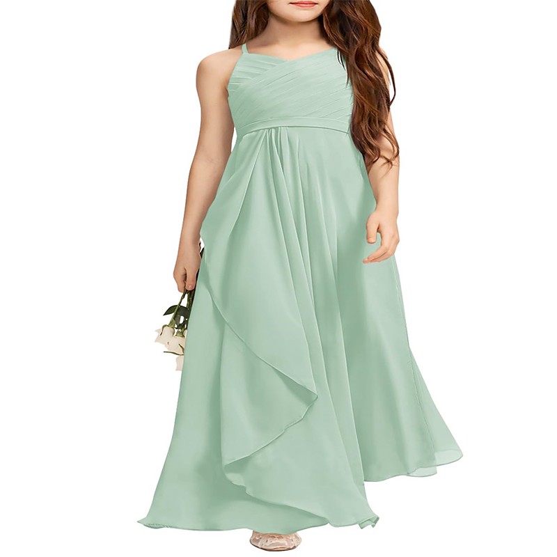 Girls A-Line Halter Dress Junior Bridesmaid Flower Girl Flowy Chiffon Maxi Dresses Wedding Party Pageant Gown