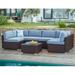 COSIEST 7-Piece Outdoor Patio Furniture Chocolate Brown Wicker Executive Sectional Sofa w Dark Grey Thick Cushions Glass-Top Coffee Table 2 Turquoise Pillows Incl. Rain Cover Clips