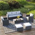 Royalcraft 8 Pieces Patio Furniture Sets All-Weather Outdoor Sectional Sofa Wicker Rattan Couch Modern Conversation Set with Coffee Table and Grey Cushion