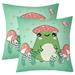 Set Of 2 Cute Green Frog Throw Pillow Covers For Kids Boys Girls Mushroom Pillow Covers Butterfly Fungus Stars Cushion Covers Tropical Wild Animal Decorative Pillow Covers Bedroom Decor 22x22 Inch