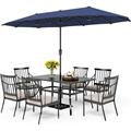 durable VILLA 5 Piece Outdoor Dining Set with 10ft Umbrella 37 Square Metal Dining Table & 4 Cushioned Metal Chairs & 3-Tier Beige Umbrella for Patio Deck Yard Porch