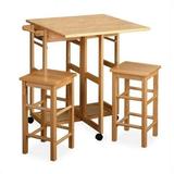 Pemberly Row Drop Leaf Table Kitchen Cart with 2 Stools in Natural