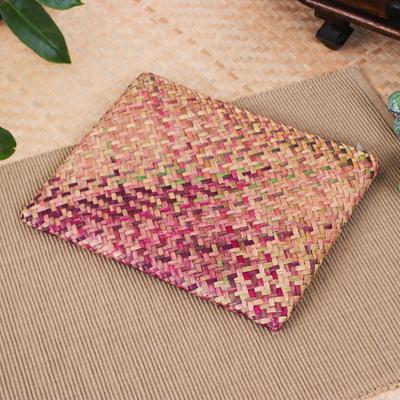 Natural Vitality,'Handwoven Pink and Brown Natural Bulrush Reed Clutch'