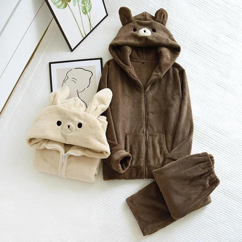 Nouveau couple automne et hiver pyjamas à manches longues pantalon flanelle mignon dessin animé épais chaud hommes et femmes service à domicile costume sommeil