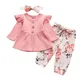Spring Newborn Baby Girl Clothes Set Cute Pink Color Long Sleevs Tops Flower Pants Headband 0-24M