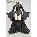 Meowcos Women Gothic Sexy Bodysuit Black Spider Web Off-shoulder Long Sleeves Cosplay Lingerie