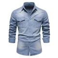 2024 new Elastic Cotton Denim Shirt Men Long Sleeve Quality Cowboy Shirts for Men Casual Slim Fit