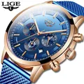 LIGE-Montre à quartz chronographe bleue étanche pour homme horloge de sport de luxe date boîte