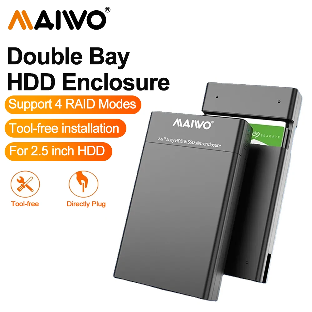 MAIWO USB 3.0 Dual Bay 2,5 Zoll SATA SSD/HDD RAID Festplattengehäuse mit 4 RAID-Modi für PC Cas Werkzeugfreies Slide-Design Image
