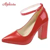 Aphixta 10 cm 7 cm Chunky Heels Frauen Pumpen Zuhälter Schnalle Ankle Strap Schuhe Freizeit Rot Mode Patent Leder Plus größe 35-50