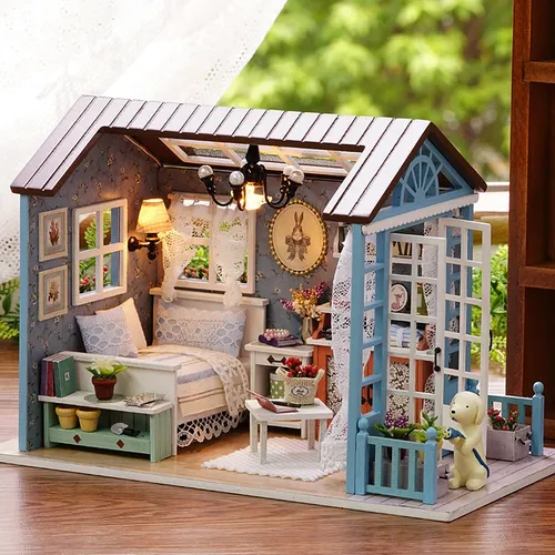 DIY Miniatur Puppenhaus Kit montieren Puzzle 3D Holzhaus Zimmer Handwerk mit Möbeln LED Lichter