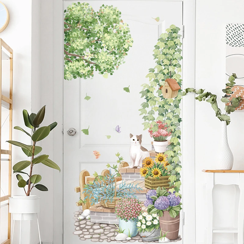Cartoon Blumen Grüne Pflanze Aufkleber Hause Wohnzimmer Dekor Vinyl Wand Aufkleber Sonnenblume Nette Katze DIY Kinder Tür Wandbild Tapete Image