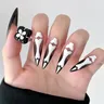 24pcs unghie finte a punta lunga Cool y2k Style White Skull Pattern Press on Nails Detchable Full