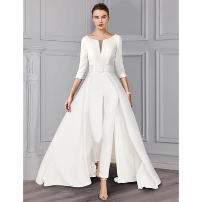Two Piece Jumpsuit / Pantsuit Mother of the Bride Formal Wedding Guest Elegant detachable V Neck Floor Length Satin 3/4 Length Sleeve with Sash / Ribbon 2025 free custom size