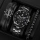 3pcs/Set Casual Leather Strap Number Date Quartz Wristwatch Fashion Men Watches For Man Simple Sport Style Male Clock