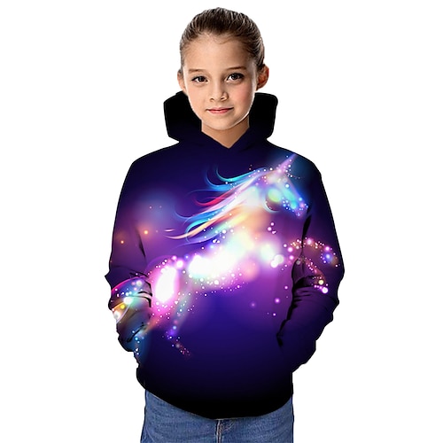 Kinder Mädchen Kapuzenpullover Langarm Pferd 3D-Druck Grafik Sternenklarer Himmel Tier Druck Regenbogen Kinder Oberteile Aktiv Fantasie Schulanfang 3-12 Jahre Image