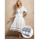 Women's White Dress Casual Dress Tiered Dress Check Tie Front Embroidered V Neck Long Dress Maxi Dress Elegant Wedding Valentine's Day 3/4 Length Sleeve Summer Spring