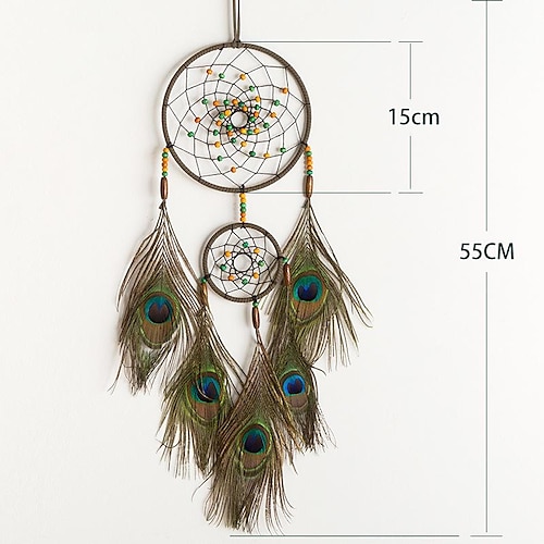 acchiappasogni verde due anelli regalo fatto a mano con piuma di pavone nobile, perline colorate appeso a parete arredamento arte gancio fiore campanelli eolici ciondolo casa in stile boho 15 55 cm
