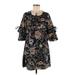 Yumi Casual Dress - Mini Tie Neck 3/4 sleeves: Black Floral Dresses - Women's Size 6