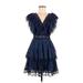 Alice + Olivia Cocktail Dress - Party V-Neck Short sleeves: Blue Print Dresses - Women's Size 2