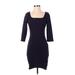 Express Casual Dress - Bodycon Square 3/4 sleeves: Blue Grid Dresses - Women's Size X-Small