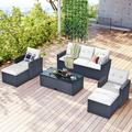 Living Pavilion GO 6-piece All-Weather Wicker PE rattan Patio Outdoor Dining Conversation Sectional Set with coffee table wicker sofas ottomans removable cushions (Black wicker Beige cushion)