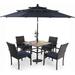 durable & William Outdoor 6 Pieces Dining Set with 4 Rattan Chairs 1 Wood-Like Metal Table and 1 10ft 3 Tier Auto-tilt Umbrella(No Base) Red Modern Patio Furniture for Poolside Por