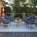 4-Piece Boho Rope Patio Furniture Set Outdoor Furniture with Acacia Wood Table Patio Conversation Set with Deep Seating & Thick Cushion for Backyard Porch Balcony Navy Blue