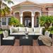7 Piece Outdoor PE Rattan Wicker Sofa Set Patio Conversation Sofa Chair Set with Glass Table and Cushion (Black)