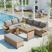 Outdoor Patio Rattan Sofa Set 5 Piece Sectional PE Wicker L-Shaped Garden Furniture Set with 2 Extendable Side Tables Dining Table and Washable Covers for Backyard Poolside Indoor Brown