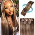ALLY Clip in Hair Extensions Real Human Hair 100% Remy Human Hair Clip ins Highlight Ombre Color 7pcs Clip-in Hair Extensions for Women Double Weft 16 Inch #4P/27 Medium Brown/Dark Blonde