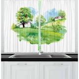Country Curtains 2 Panels Set Watercolor Effect Digital Image Print of Rural Life in Nature with Houses Landscape Window Drapes for Living Room Bedroom 55W X 39L Inches Multicolor by Ambesonne